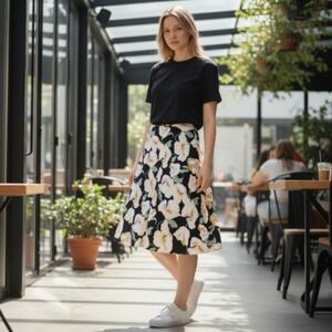 Ann Taylor Factory Petite Floral Midi Skirt Black White Yellow Women Linen 14P